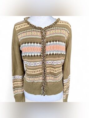 Y2K Liz Claiborne Fair Isle Pastel Tan Ruffle Trim Cardigan - Size Large